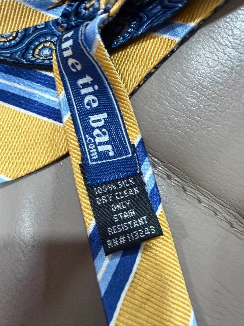 The Tie Bar Blue Medallion Silk Bow Tie Yellow Stripe Accent Preppy Classic